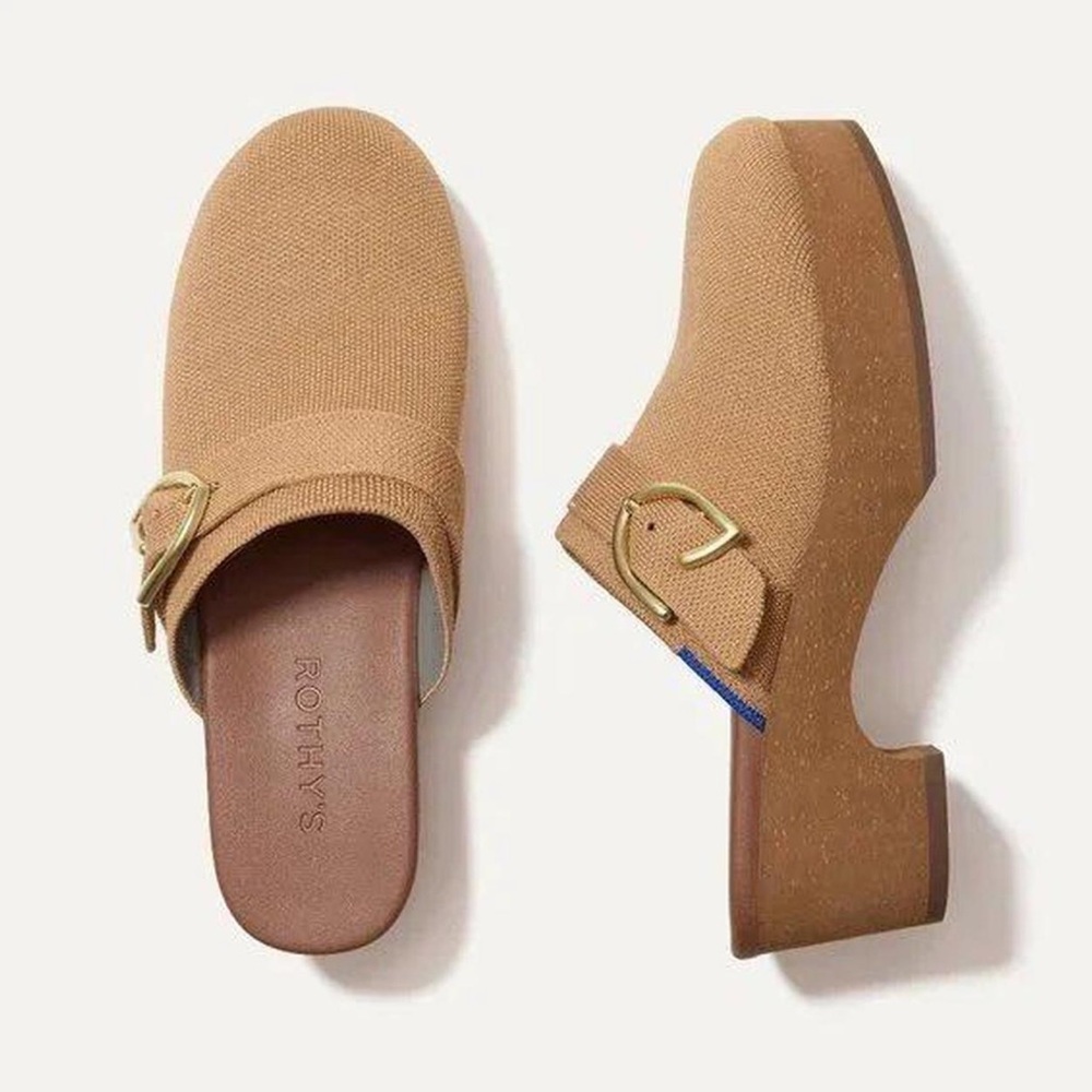 Rothy's Tan Mules with Gold Buckle